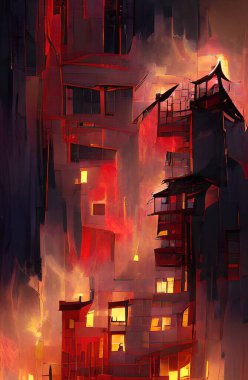 close up fire burning building in city