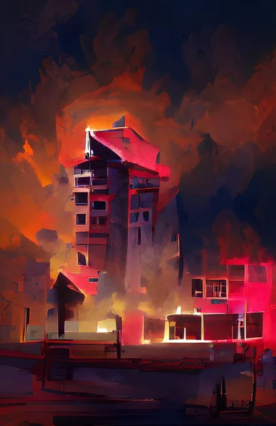 art color of fire burning building