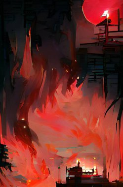 art color of red fire burning home background