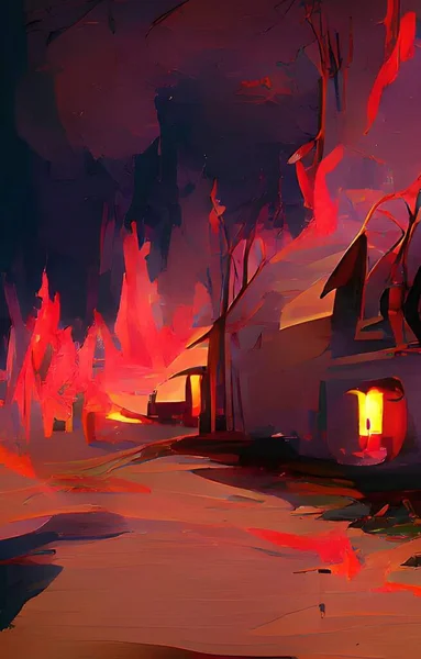 Τέχνη Χρώμα Του Κόκκινου Φωτιά Καύση Σπίτι Φόντο — Φωτογραφία Αρχείου