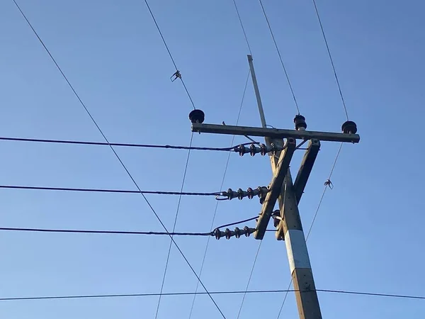 High Voltage Pole Electrical Wires Sky Background — Zdjęcie stockowe