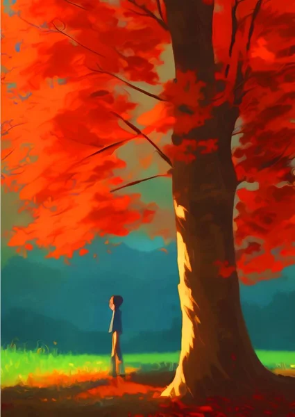 art color of man under autumn tree