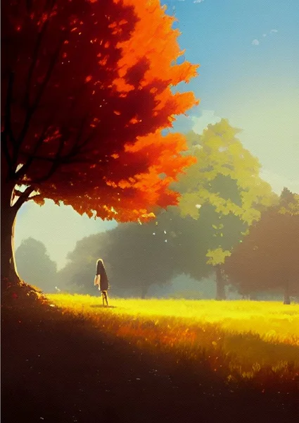 Autumn Landscape Tree Woman Catoon — ストック写真