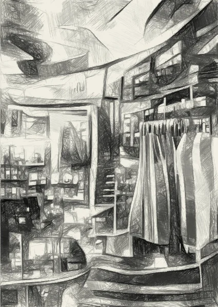 black and white of clothes shop