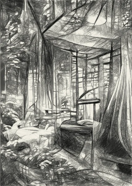 Black White Bedroom Forest — Stockfoto