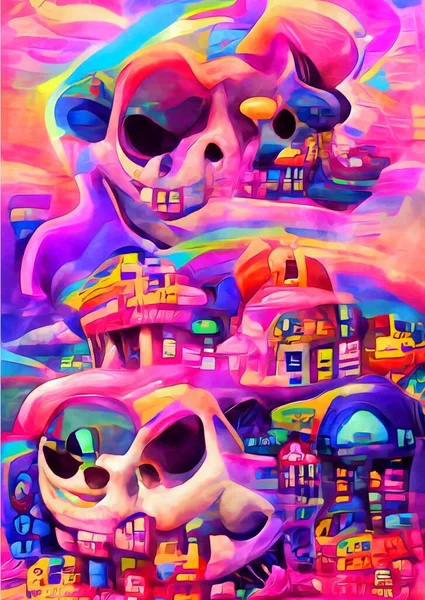 Illustration Colorful Alien Skull Hand Drawn Middle Building — Photo