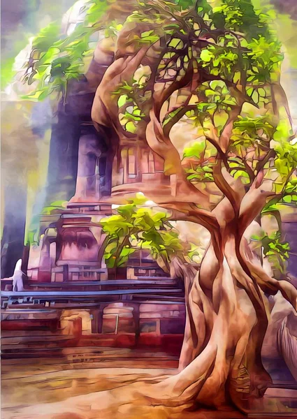 Art Color Big Tree Temple Field — Stockfoto