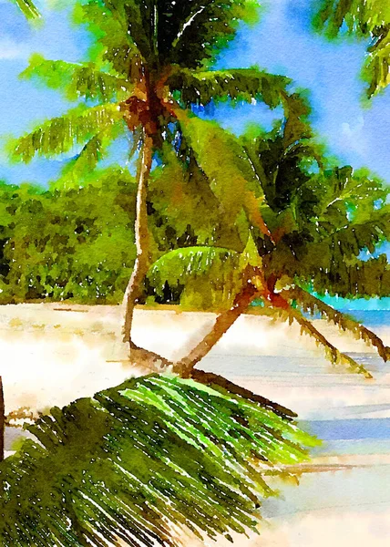Watercolor Painting Beach Tropical Island —  Fotos de Stock