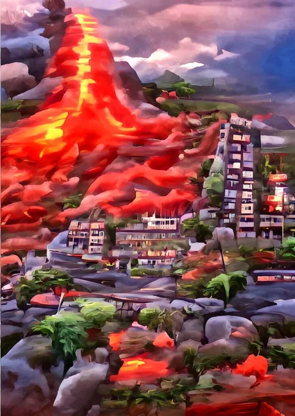 Art Color Lava Attack Town — Stok fotoğraf