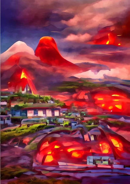Art Color Magma Attack Town — Foto de Stock