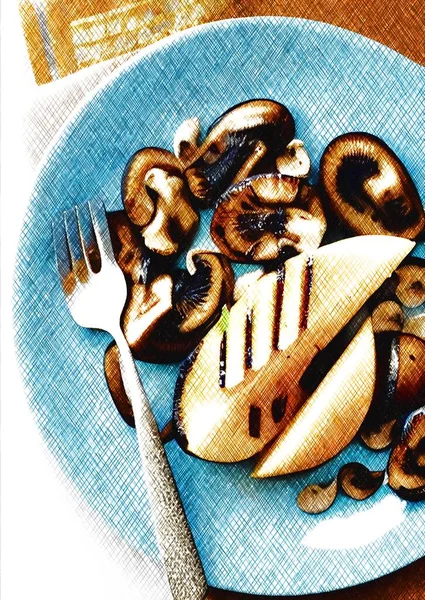Art Color Apple Mushroom Grilled Blue Dish —  Fotos de Stock