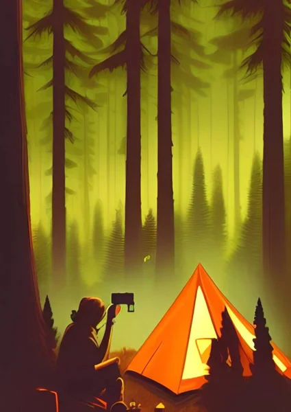 art color of man camping in forest