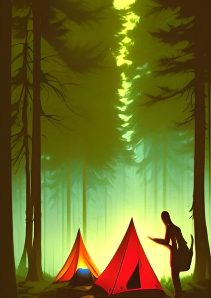 art color of man camping in forest
