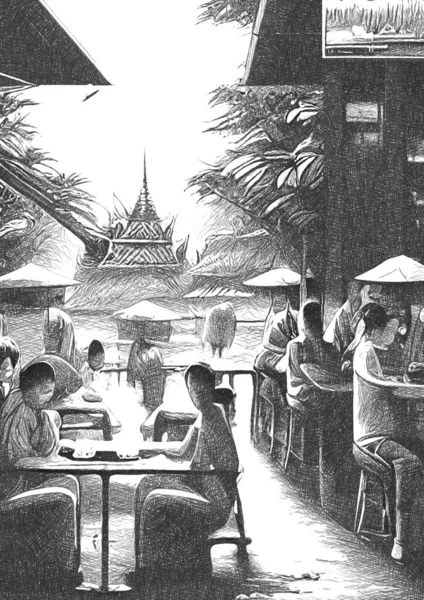 Czarny Biały Ludzi Restauracji Tajlandii — Zdjęcie stockowe