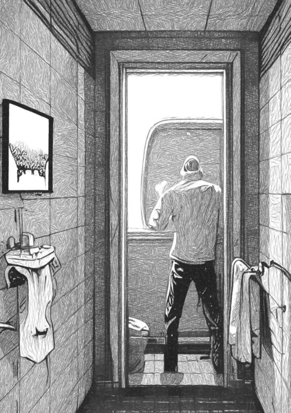 Noir Blanc Homme Dans Les Toilettes — Photo