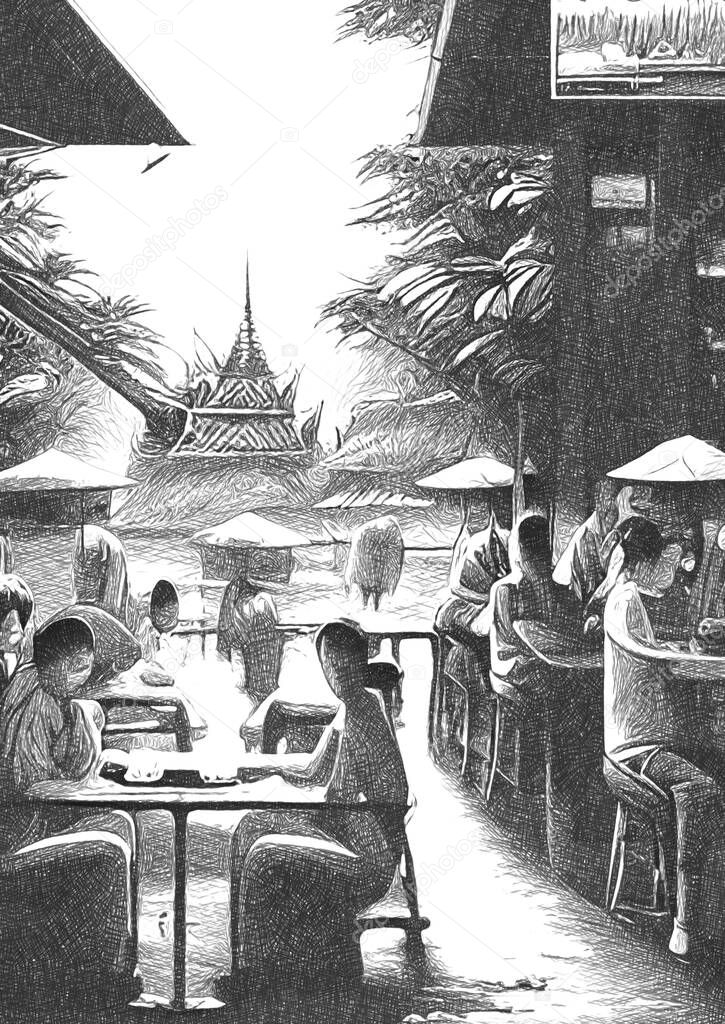 black and white of of people in restaurant at Thailand