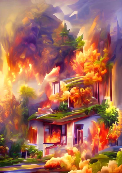 art color of fire burning home