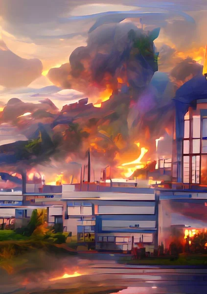 Konst Färg Brand Brinnande Hem Staden — Stockfoto