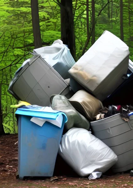 公园里堆满了塑料垃圾和绿草的垃圾桶 — 图库照片