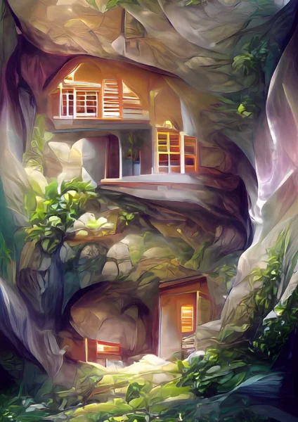 洞窟の背景にある家のアートカラーは — ストック写真