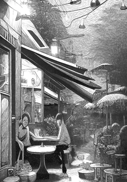 black and white of people in restaurant