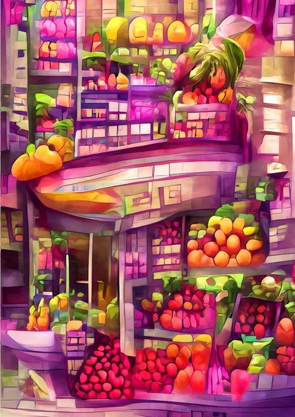 Kolor Sztuki Sklepu Owocami — Zdjęcie stockowe