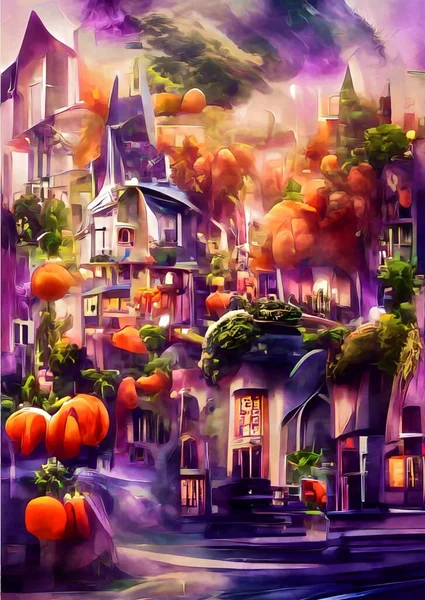 Kolorowy Jesienny Krajobraz Dyniami Drzewami — Zdjęcie stockowe