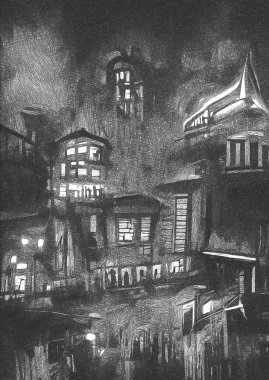 Karanlık şehrin arka planında siyah beyaz