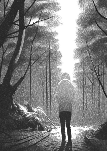 Black and white of man in forest