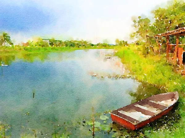 art color of boat on fish pond