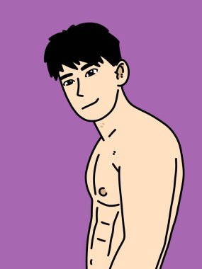 Mor arka planda sevimli bir adam çizgi filmi