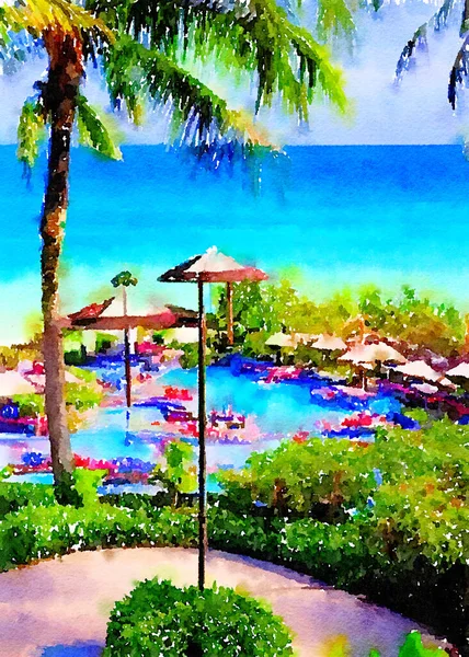 Watercolor Painting Beach Tropical Island — Stok fotoğraf