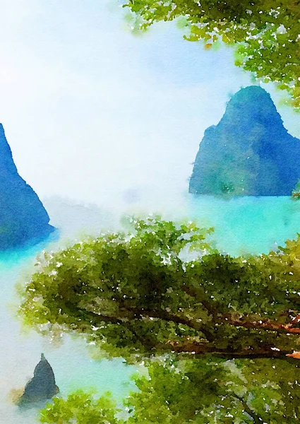 Akvarellmålning Strand Havet — Stockfoto