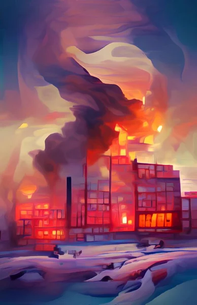 Művészet Színe Tűz Égő Épület Városban — Stock Fotó