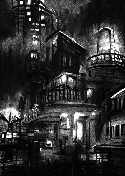 黑与白的邪恶城镇背景 — 图库照片