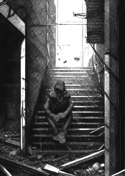 black and white of man in abandoned building