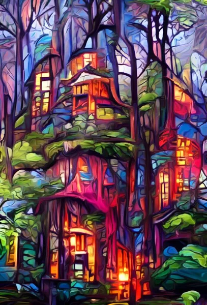 Kunst Kleur Van Mooi Huis Het Bos — Stockfoto