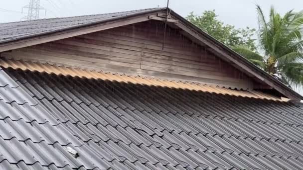 Fechar Chuva Tempestade Com Telhado Chapa Metal Água Chuva Flui — Vídeo de Stock