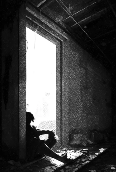 Ασπρόμαυρη Φωτογραφία Ενός Άνδρα Ένα Δωμάτιο — Φωτογραφία Αρχείου