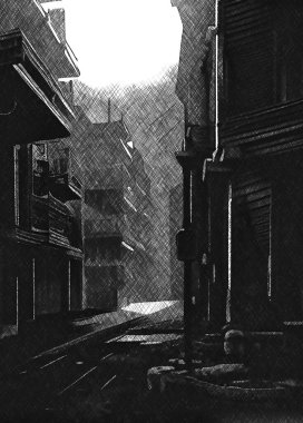 Karanlık şehrin arka planında siyah beyaz