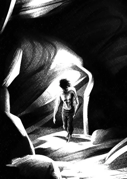 black and white of man in the cave