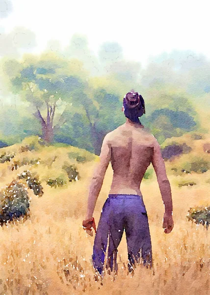 art color of man in green field