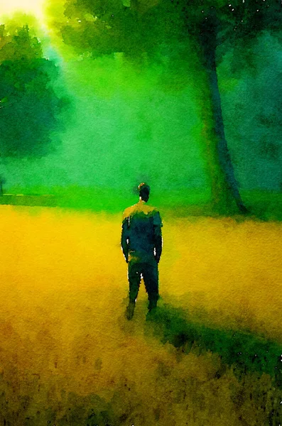 art color of man in green field
