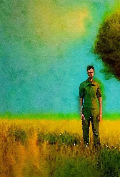 art color of man with a backpack on the meadow