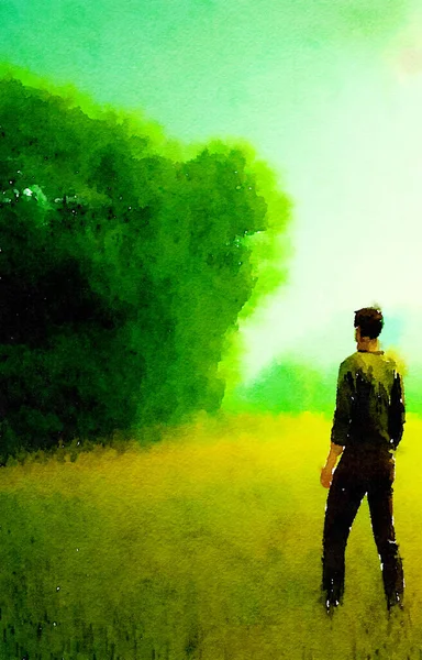 art color of man in a green field
