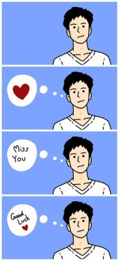 Mavi arka planda sevimli bir adam çizgi filmi