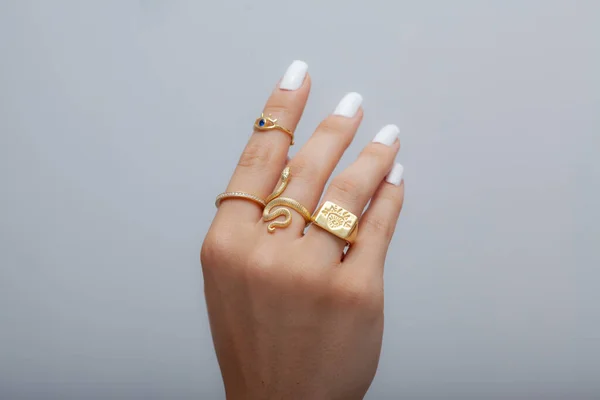 Young Female Model White Dress White Nail Polish Showing Different — Stock Photo, Image