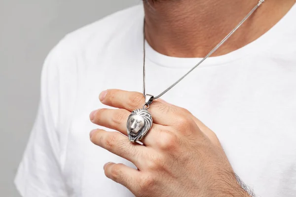 Young Male Model White Shirt Posing Silver Necklace Soft Background — Stock Photo, Image