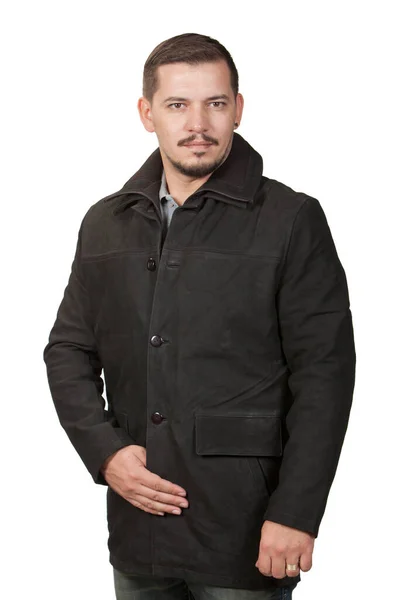 Schöner Mann Posiert Lederjacke Auf Weißem Hintergrund Bild Der Lederjacke — Stockfoto