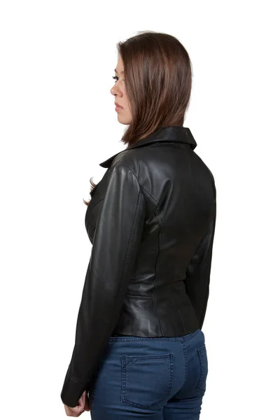Attractive Girl Brown Hair Well Groomed Promoting Black Leather Jacket — Fotografia de Stock